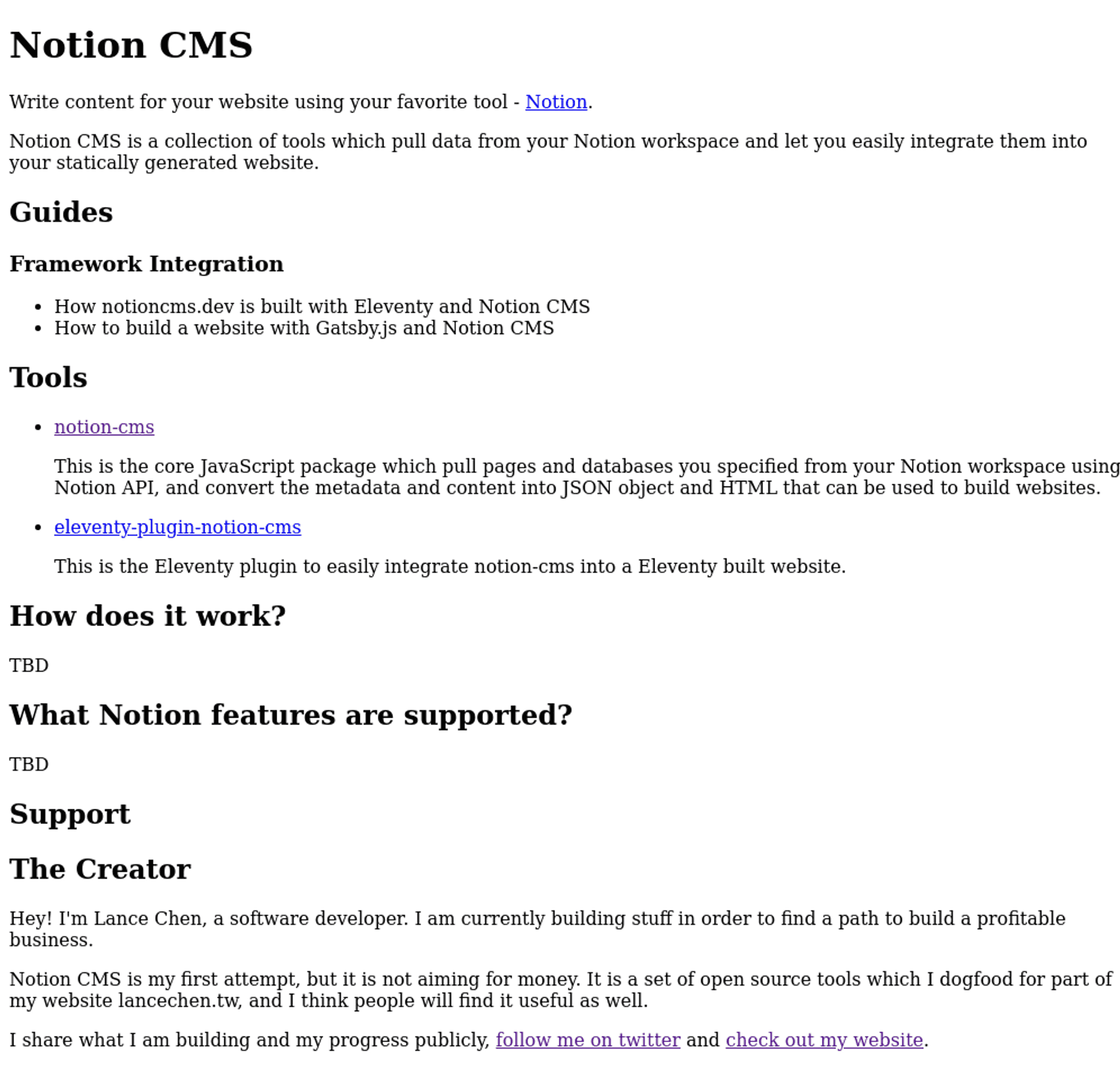 Notion CMS landing page content